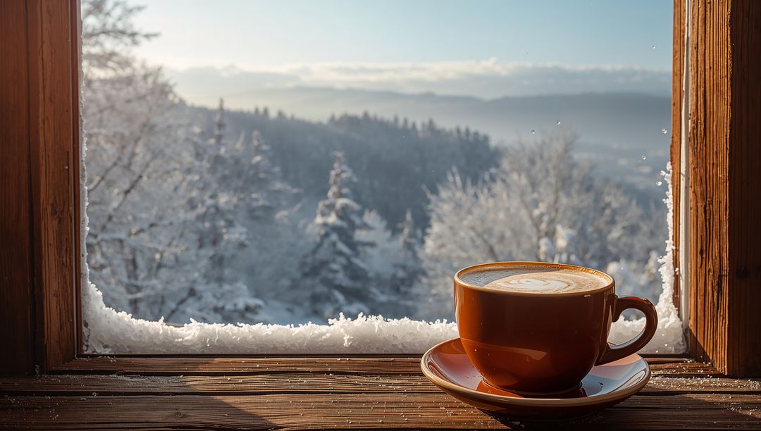 Cozy Steaming Latte on Wooden Windowsill Overlooking Snowy Forest and Mountain Sunrise