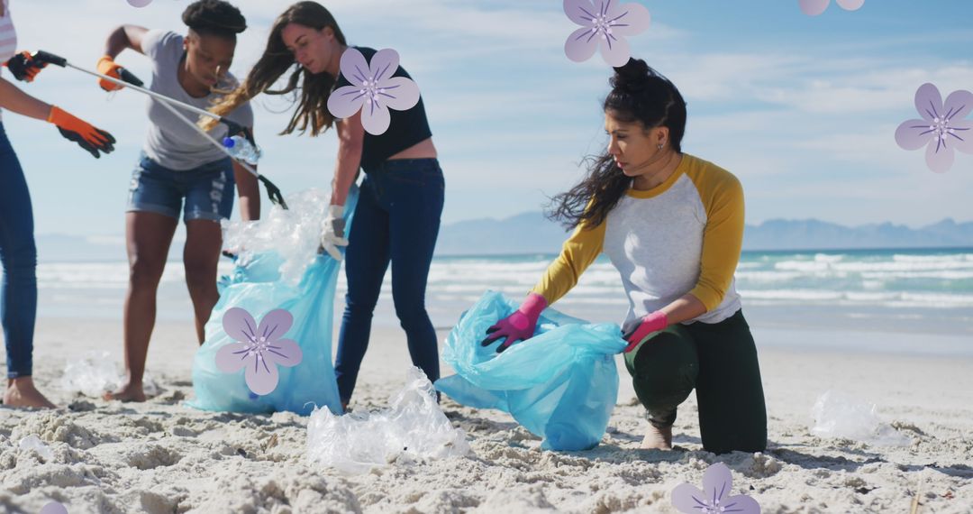 Diverse Volunteers Engaging in Beach Clean-Up Activity