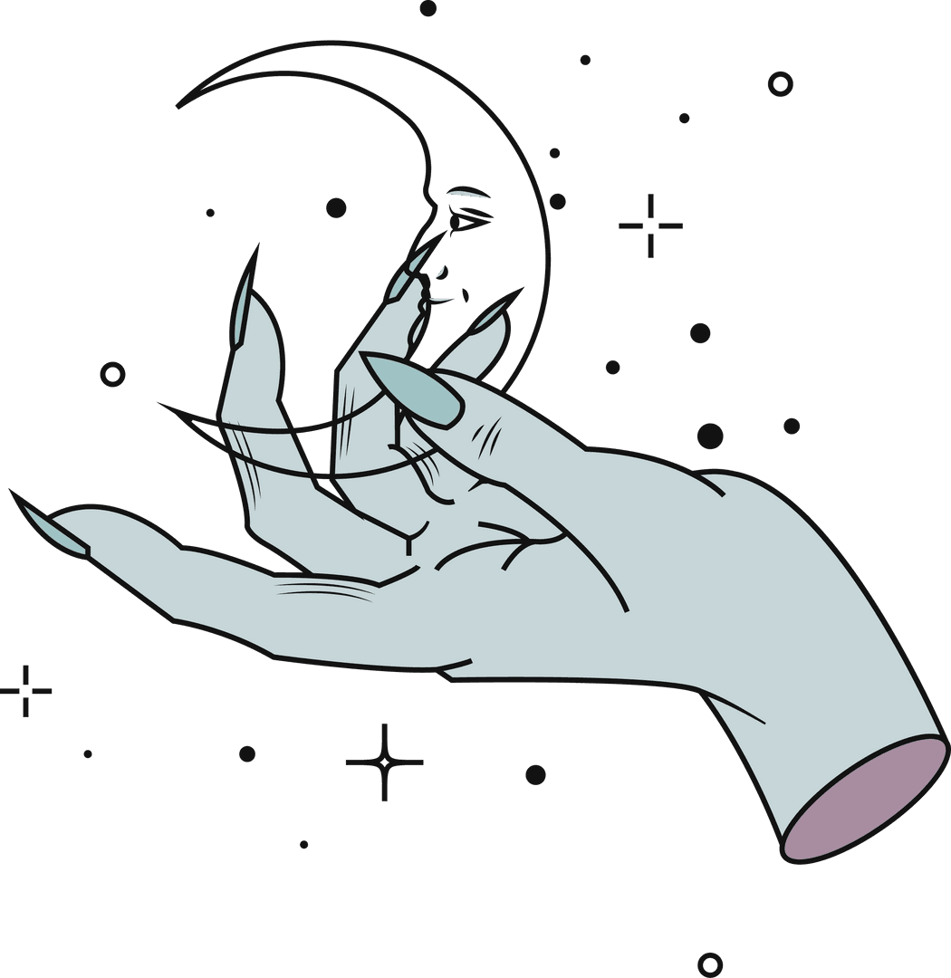 Hand Holding Crescent Moon Face Surrounded by Stars with Transparent Background