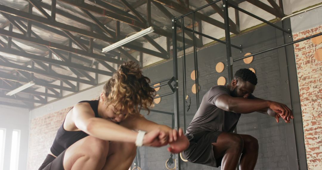 Diverse Workout Partners Performing Squats in Urban Gym