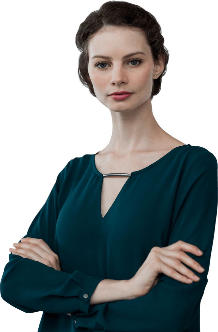 Confident Woman in Teal Blouse with Arms Crossed on Transparent Background