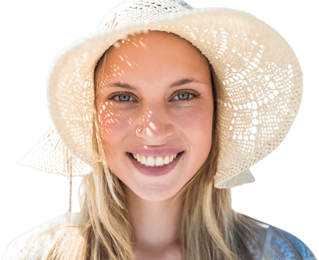 Smiling Woman with Vacation Hat on Transparent Background
