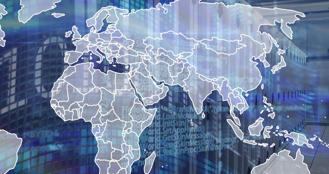 Digital World Map Overlaid on Computer Servers