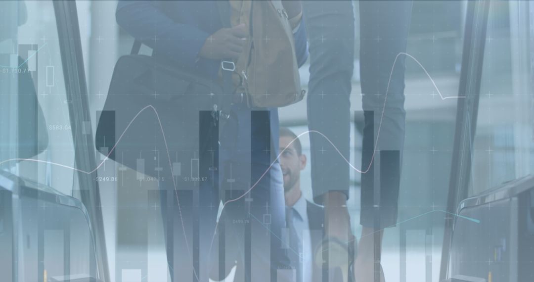 Businessman Uses Escalator with Financial Graph Overlay