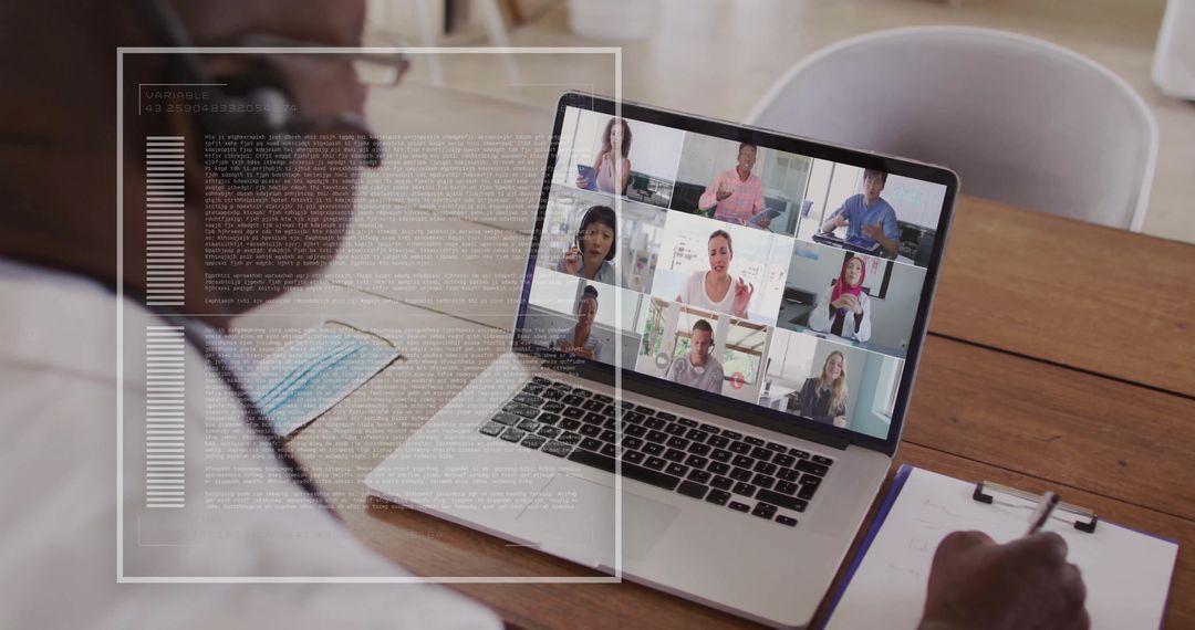 Diversified Team Engaged in Video Conferencing with Digital Overlay