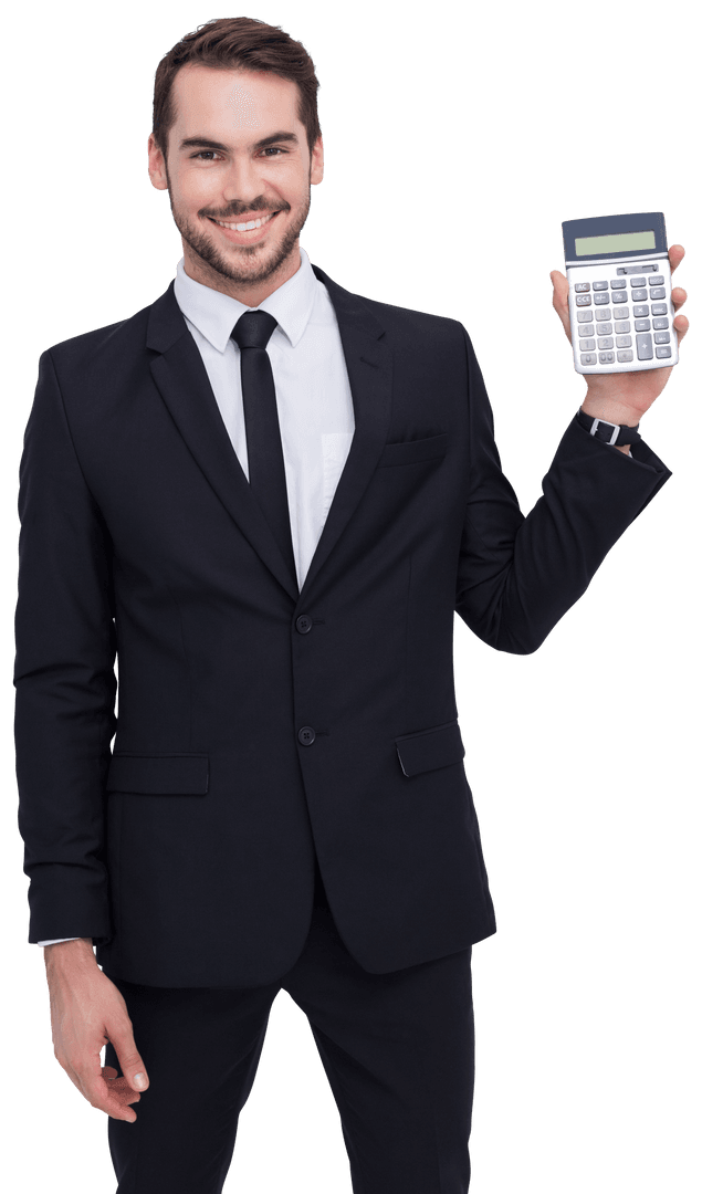 Transparent Smiling Businessman Holding Calculator Stock Photo