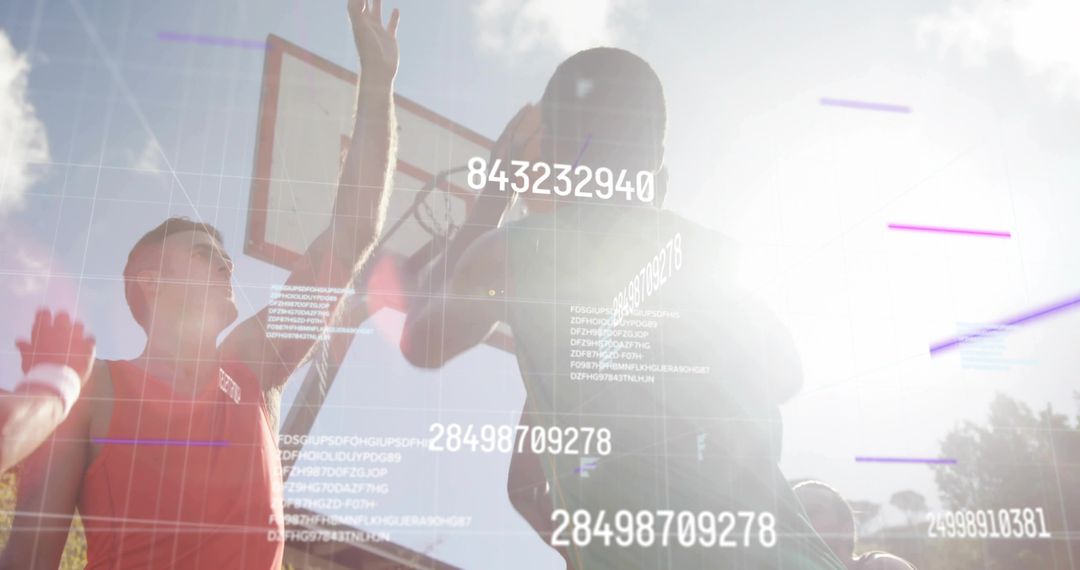 Intense Outdoor Basketball Competition with Live Data Analysis Overlay