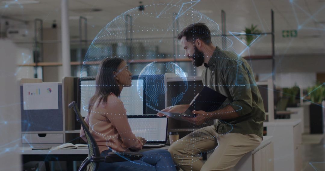 Coworkers Engaging in Futuristic Data Presentation in Modern Office