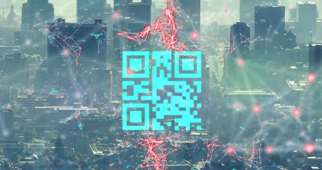 Futuristic QR Code Hologram Over Cityscape