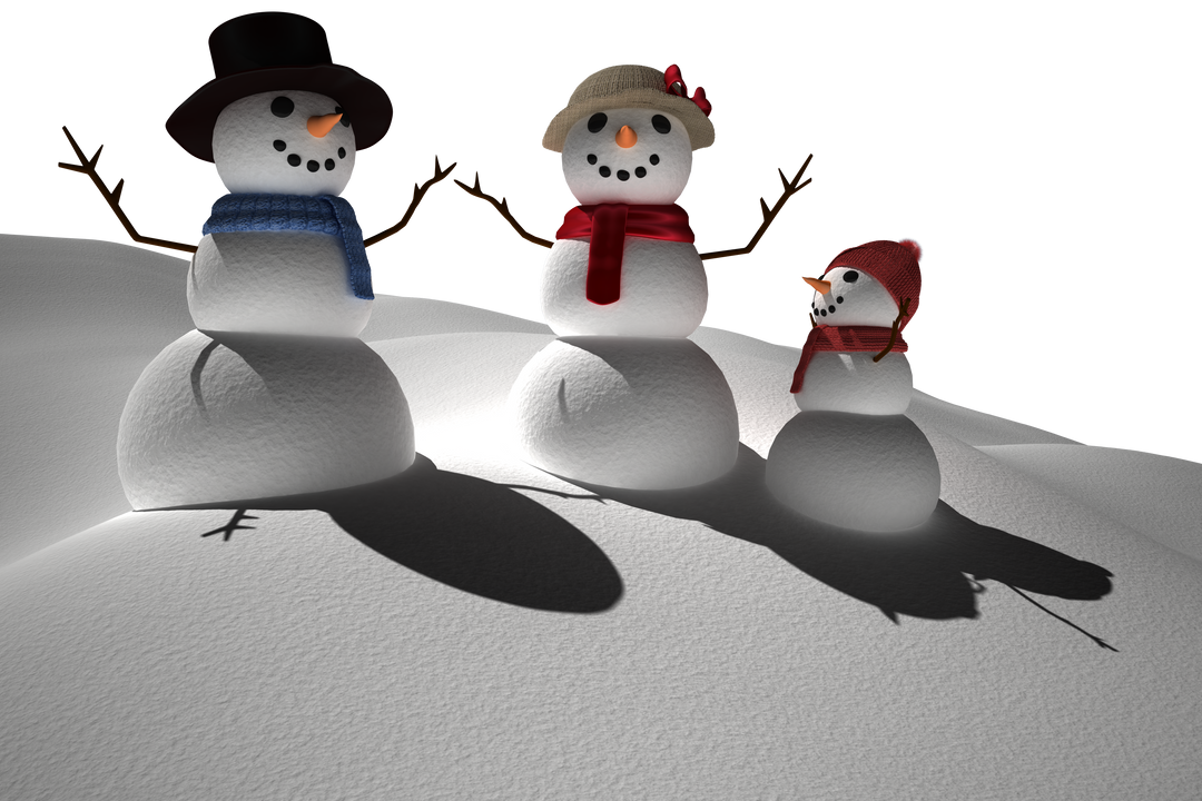 Three snowmen on snow during Christmas time with transparent background - Download Free Stock Images Pikwizard.com