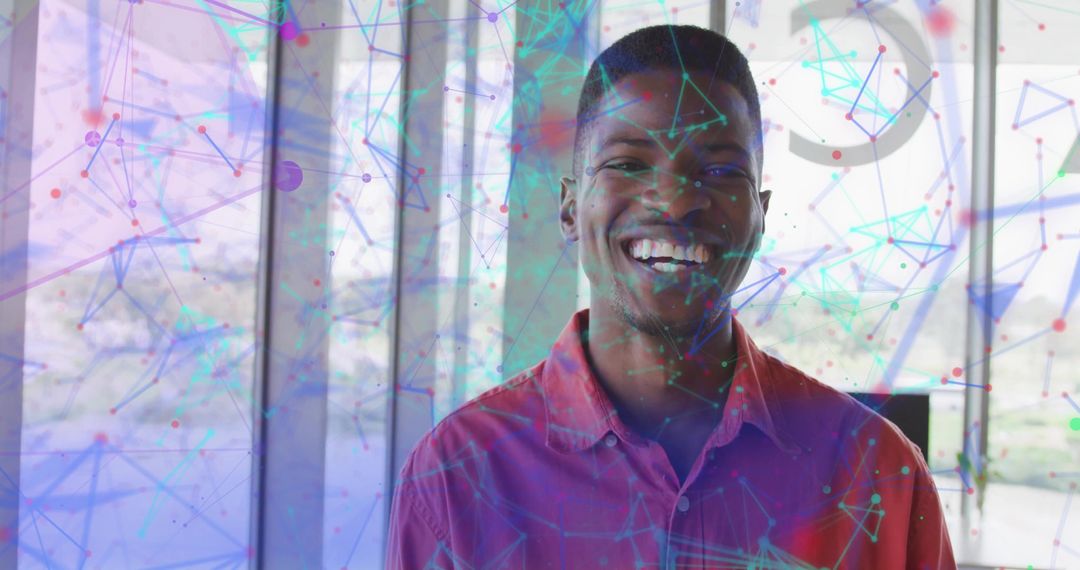Smiling Man in Office Setting with Futuristic Digital Network Overlay