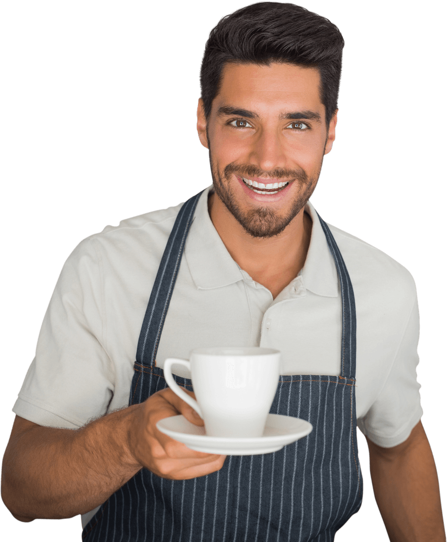 Happy Barista Holding Cup of Coffee Transparent Background