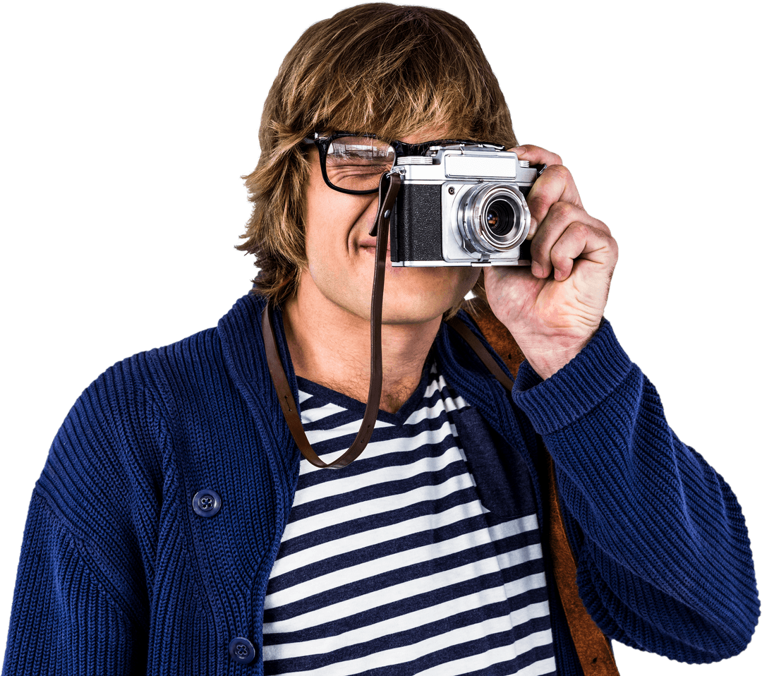 Hipster Photographer with Vintage Camera on Transparent Background