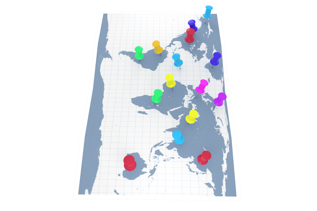 Colorful Pushpins Placed on Upside-Down Transparent World Map