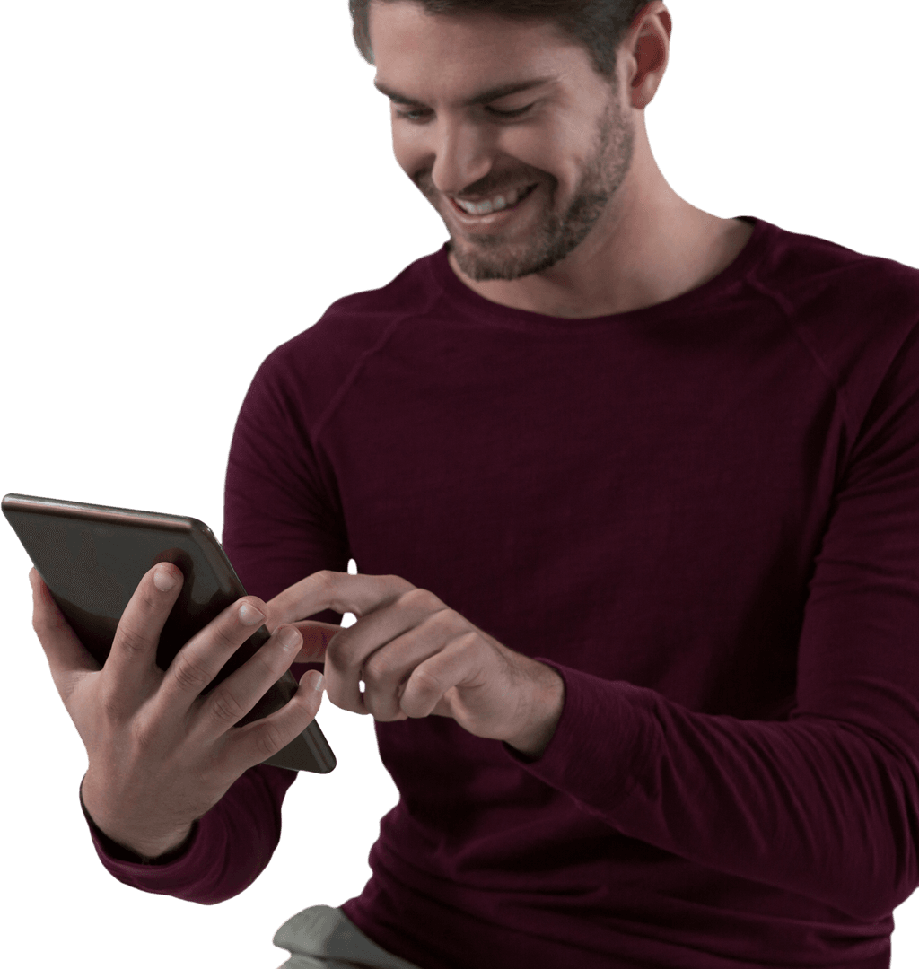 Smiling Brunette Man Using Transparent Digital Tablet