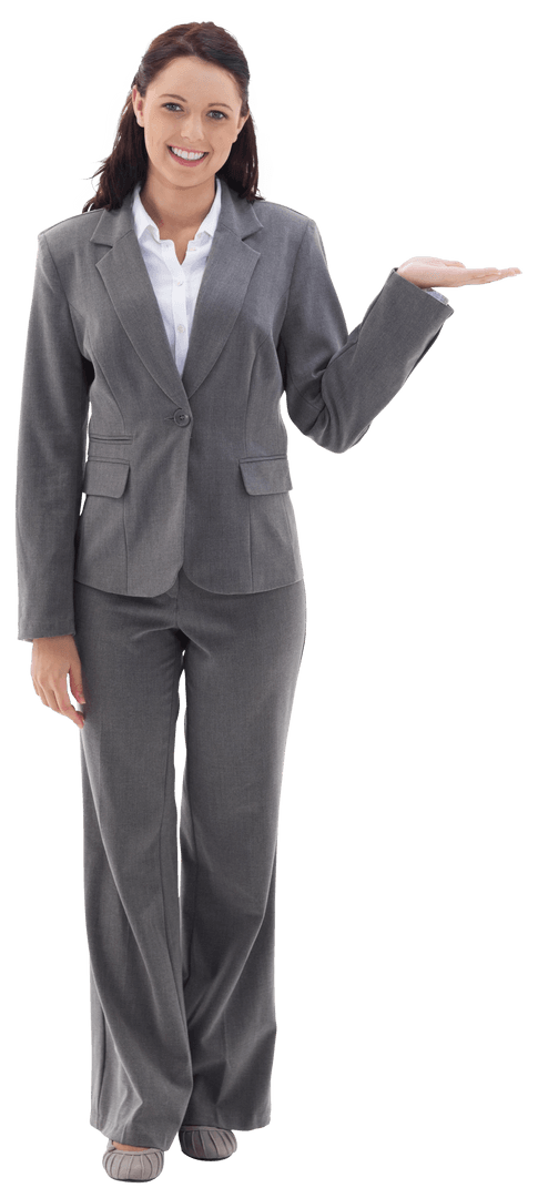 Transparent Smiling Businesswoman Gesturing Sideways