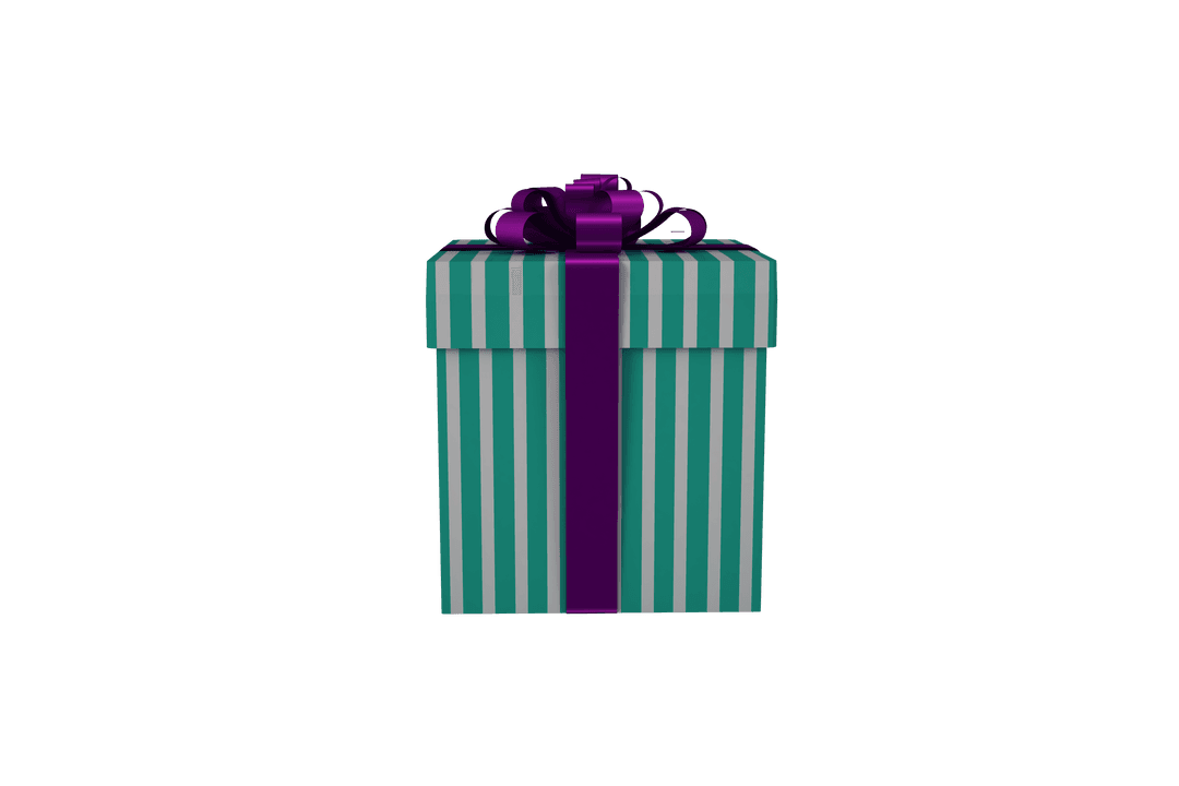 Blue Striped Gift Box with Purple Ribbon on Transparent Background
