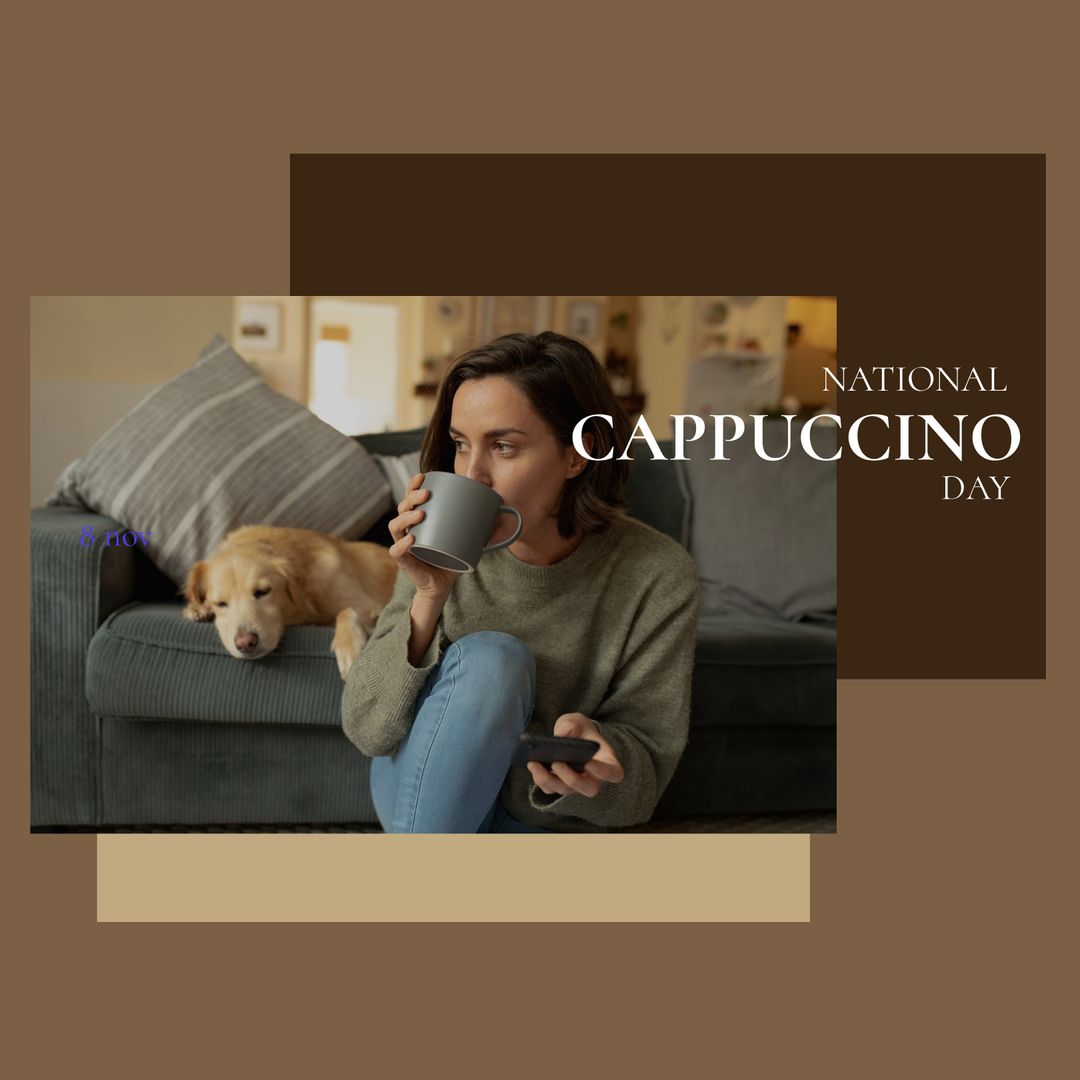 Woman Relaxing with Dog Celebrating National Cappuccino Day