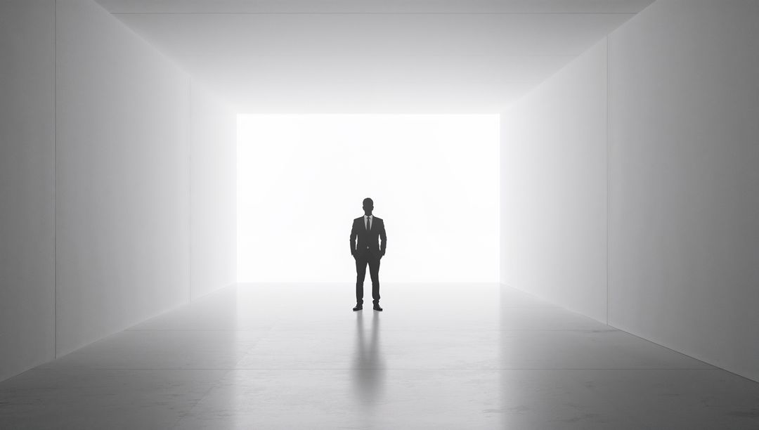 Standing Silhouette in Minimalist Corridor Wearing Suit and Tie Facing Bright Rectangular Opening