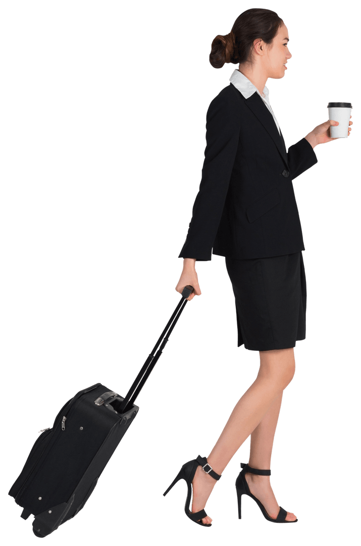 Transparent Businesswoman Pulling Suitcase with Coffee