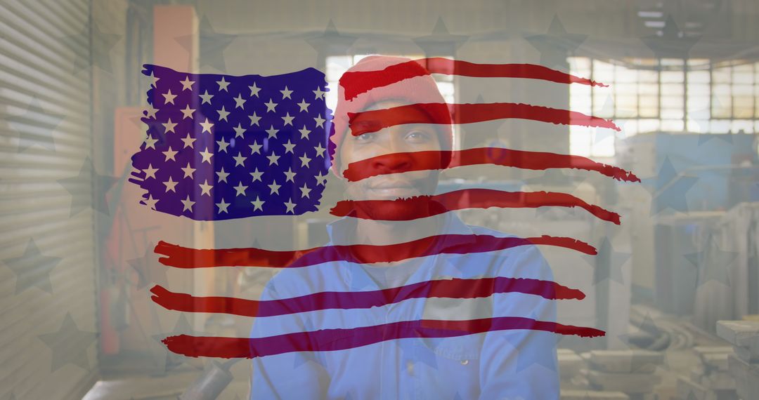 American Flag Overlay on African American Factory Worker