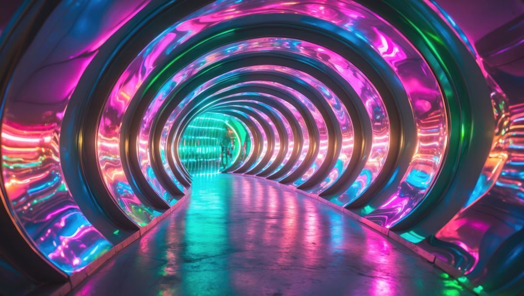 Futuristic Tunnel of Neon Reflections and Vivid Lights