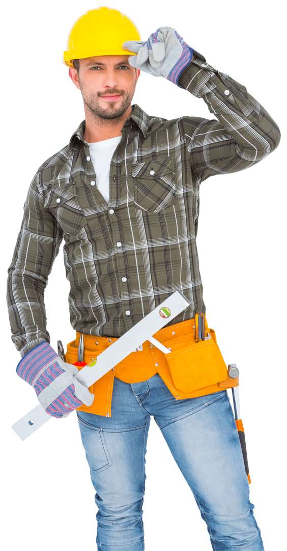 Confident Construction Worker Holding Spirit Level Transparent Background