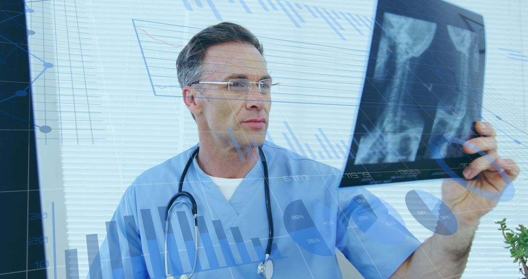 Doctor Analyzing X-Ray with Data Overlay for Diagnostic Development