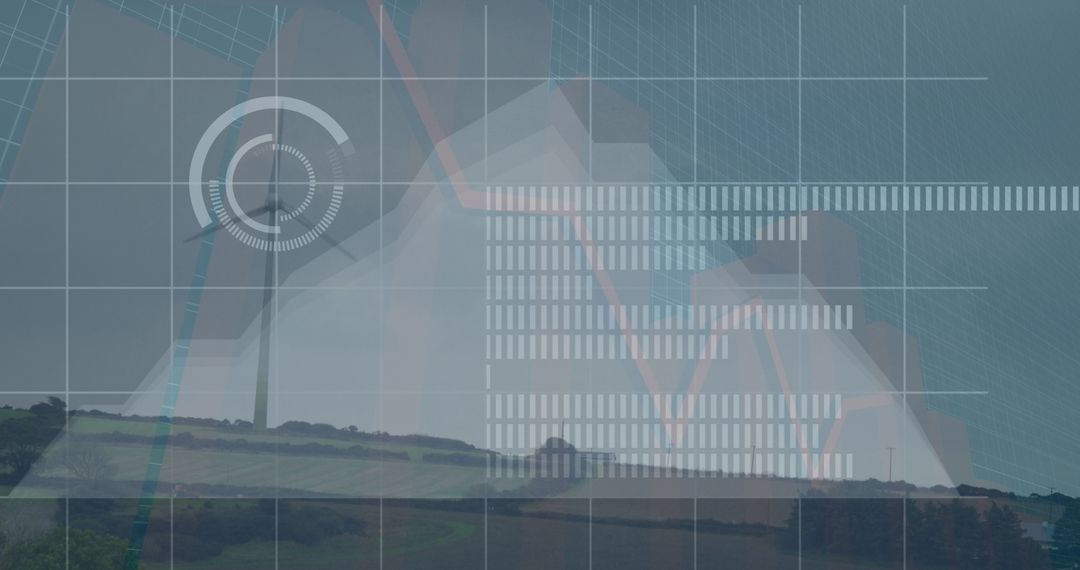 Digital Interface Overlay with Wind Turbine and Data Visualization