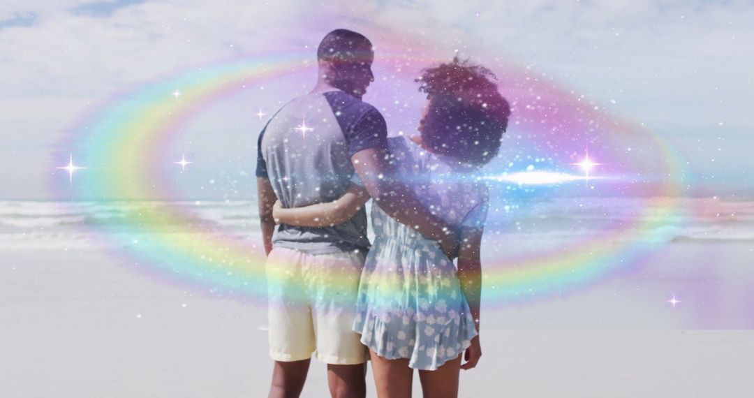 Couple Embracing on Beach with Surreal Rainbow Glow