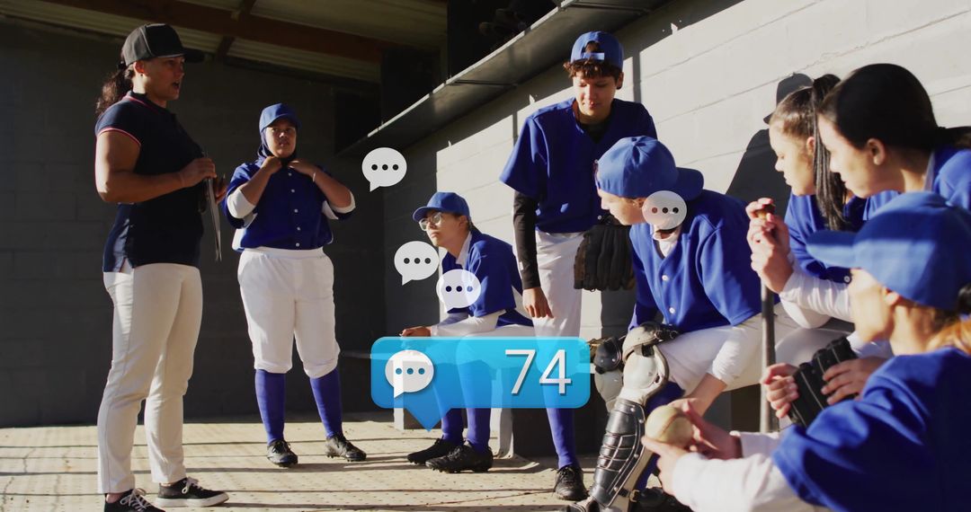 Inspirational Coach Guiding Young Baseball Team with Dynamic Speech Bubble Graphics