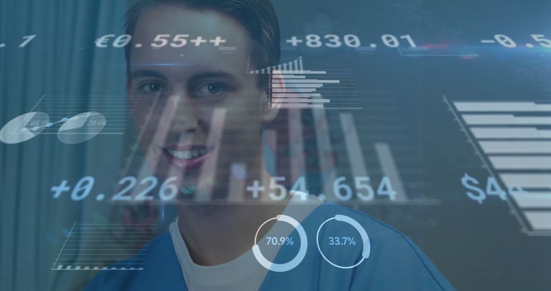 Smiling Doctor with Data Overlay Representing Global Medical Innovation