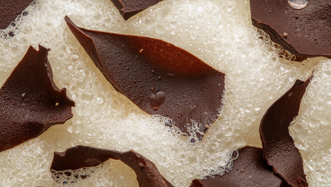 Macro of dark chocolate curls on whipped cream with foam bubbles and droplets