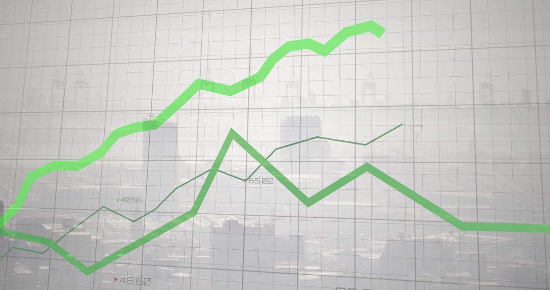 Rising Financial Graph Displayed Over City Skyline with Data Points