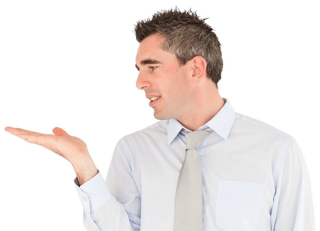 Smiling Businessman Presenting Copy Space on Transparent Background