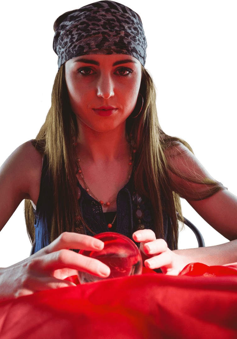 Mysterious Fortune Teller Staring into Crystal Ball, Transparent Background