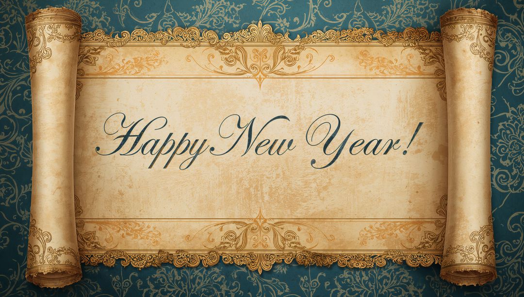 Vintage parchment scroll with ornate gold filigree and Happy New Year calligraphic script
