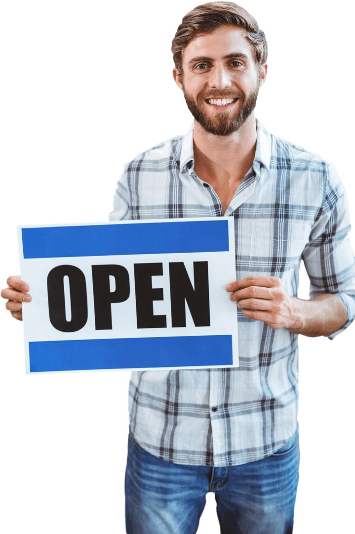 Smiling Man Holding Open Sign on White Background Transparent