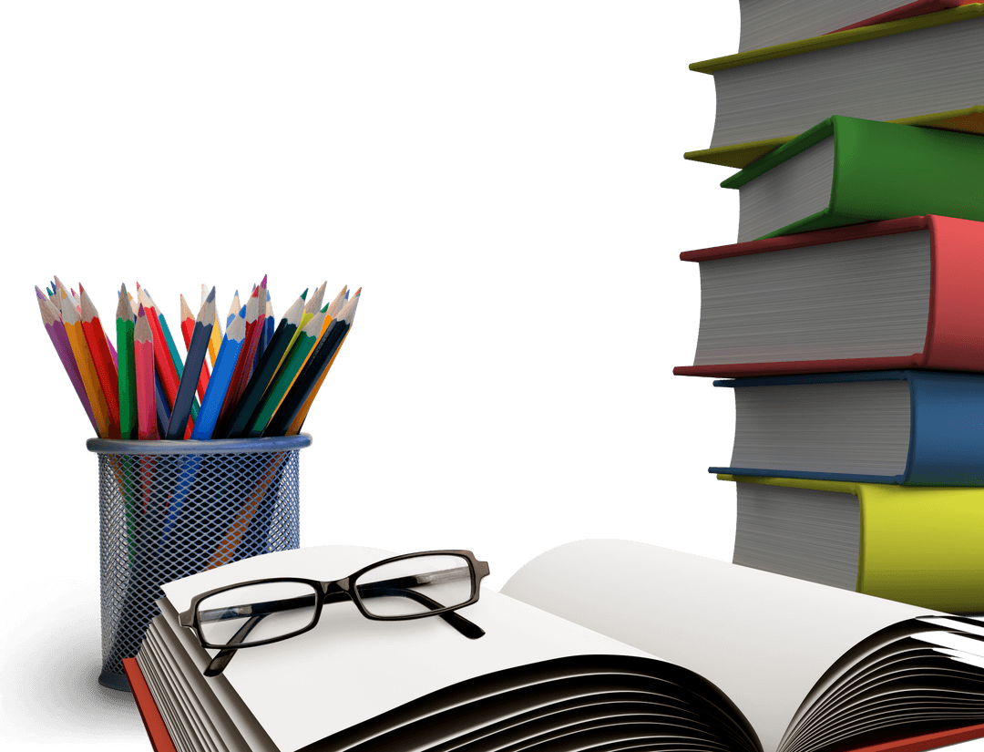 Transparent Glasses on Open Book with Colored Pencils and Stacked Books