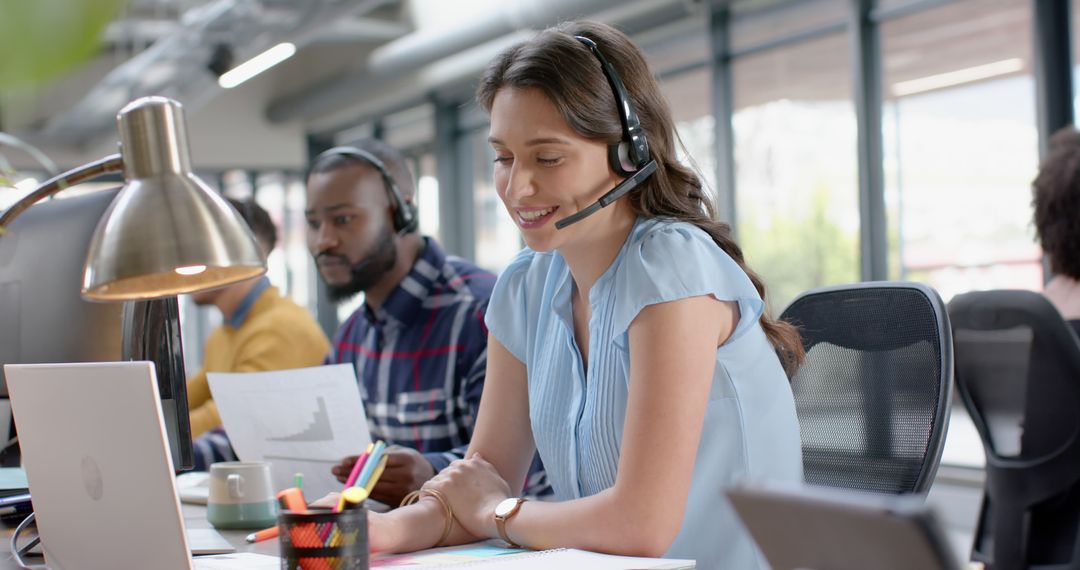 Smiling Customer Service Representative at Modern Office