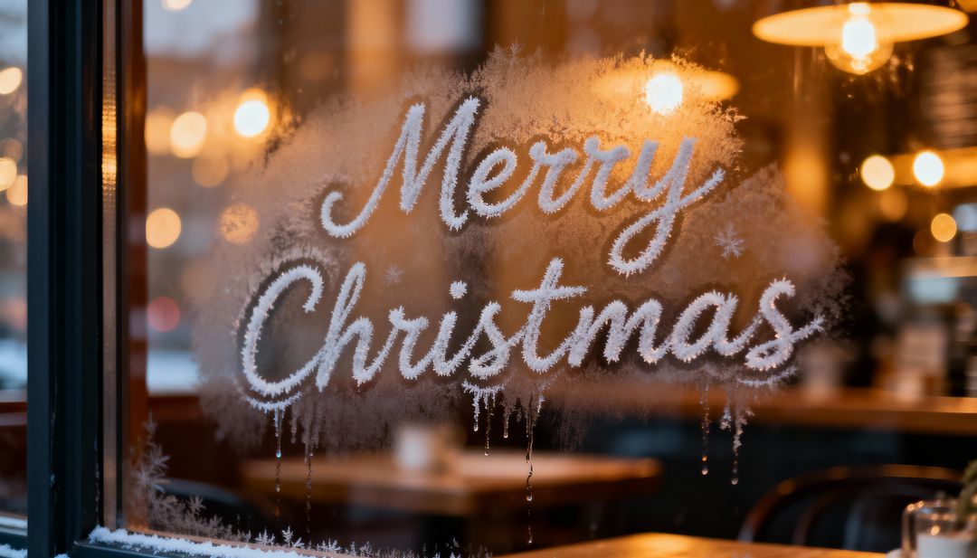 Merry Christmas Frosted Window Script at Cozy Cafe with Warm Bokeh Lights and Condensation
