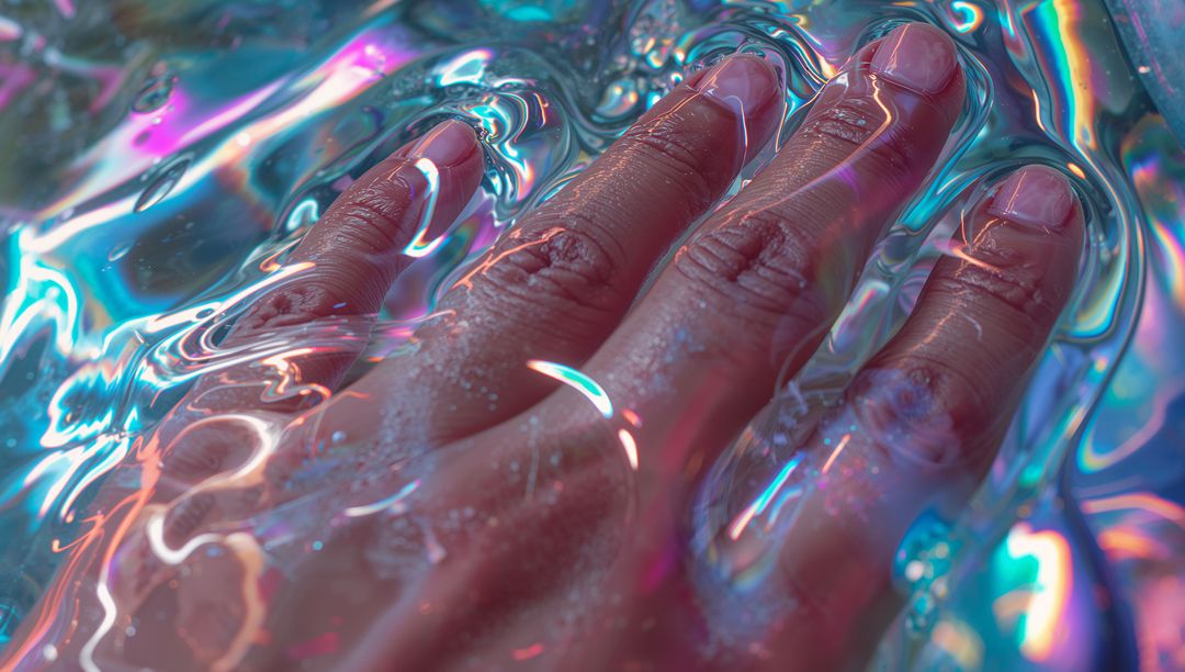 Pressing adult hand creating iridescent liquid ripples on reflective tabletop with neon highlights