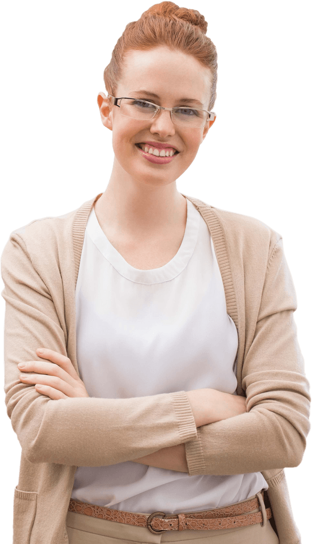 Confident Caucasian Woman Smiling with Folded Arms on Transparent Background