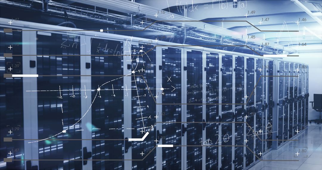Modern Server Room with Data Processing Overlay