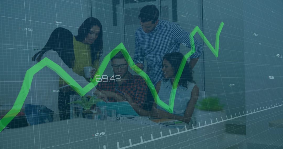 Business Team Analyzing Financial Data with Growing Line Graph Overlay