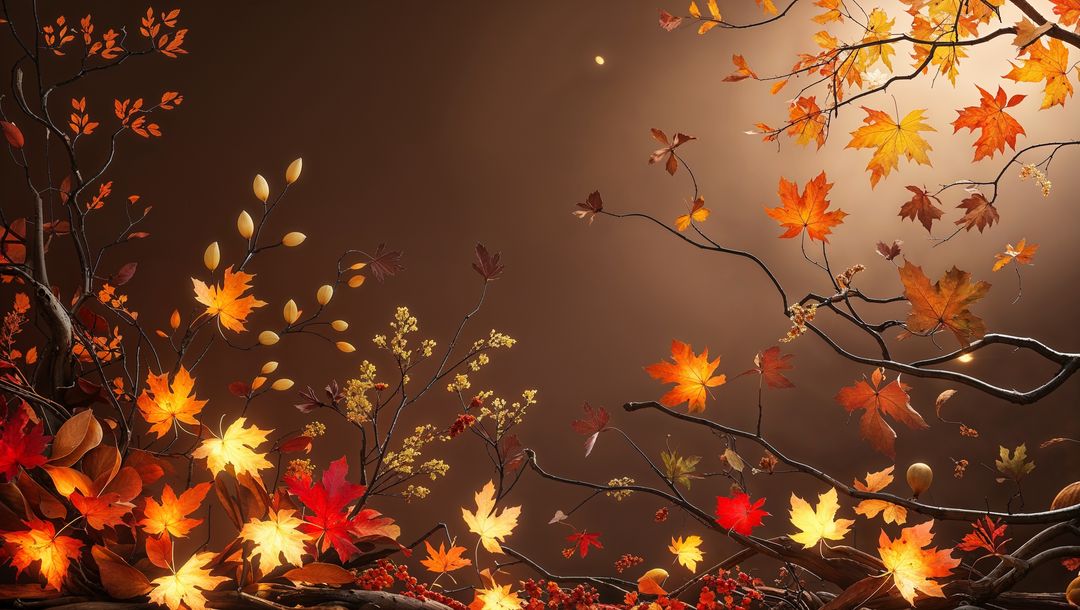 Artistic Autumn Scene with Floating Leaves and Branches