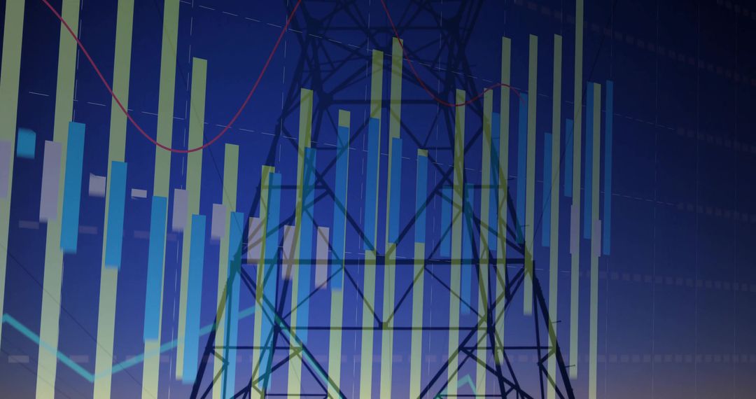 Energy Grid Data Overlaying High-Voltage Transmission Tower at Dusk with Financial Charts