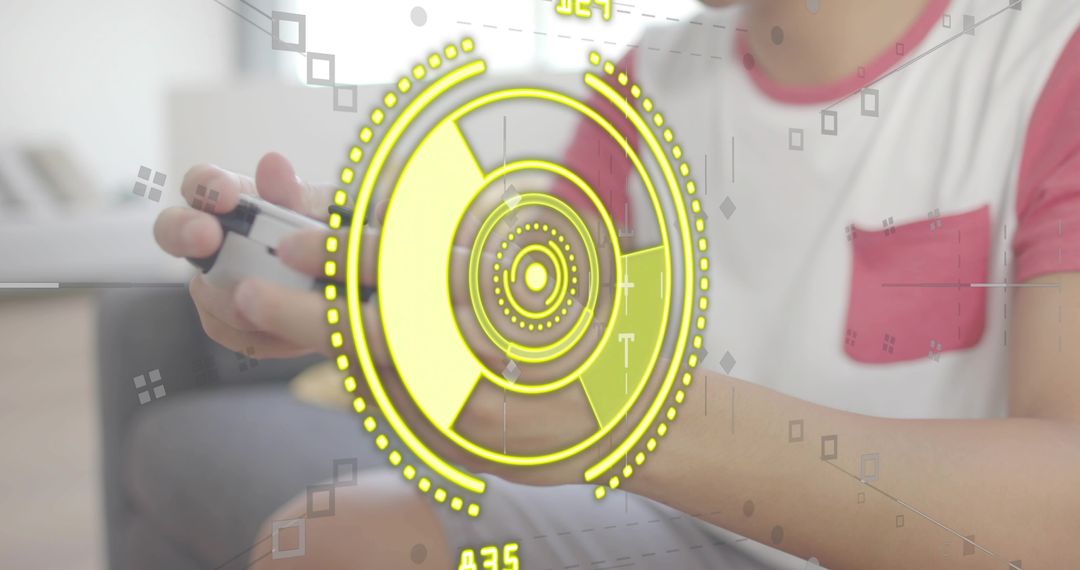 Asian male playing console games on couch holding white controller with neon HUD overlay