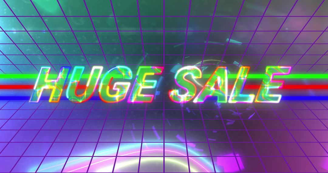 Huge Sale Neon Text Banner Over Grid Background