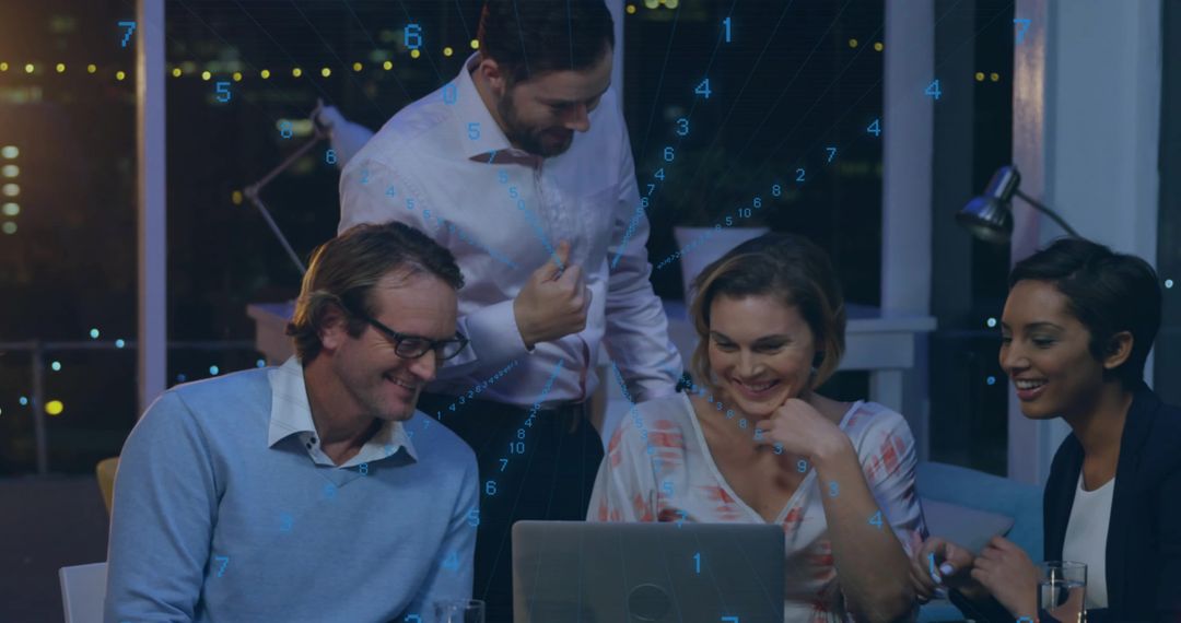 Business Professionals Collaborating on Office Balcony at Night